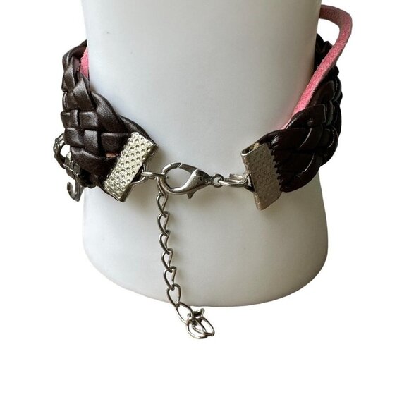VTG Cuff Bracelet 8" Strap Brown Leather Love‎ Anchor Metal Braided - Picture 4 of 8